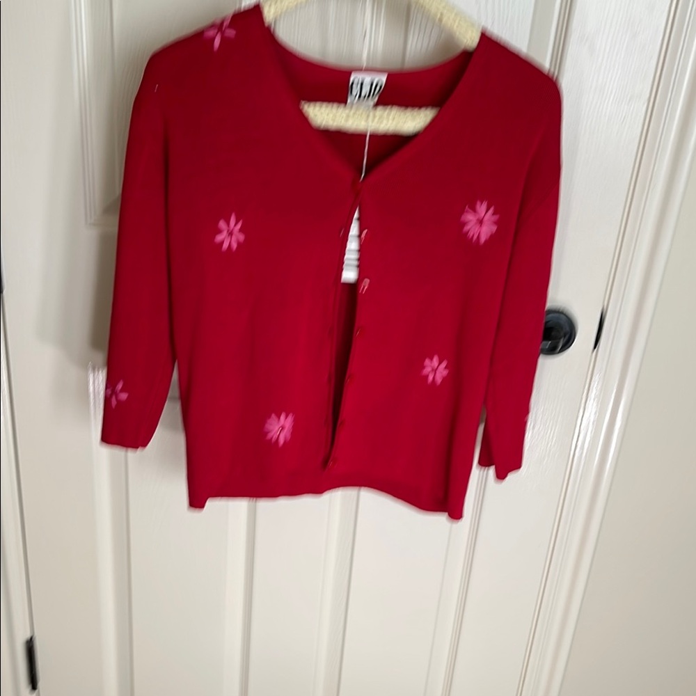 Women's Red Cardigan Sweater with Pink Flower Accents